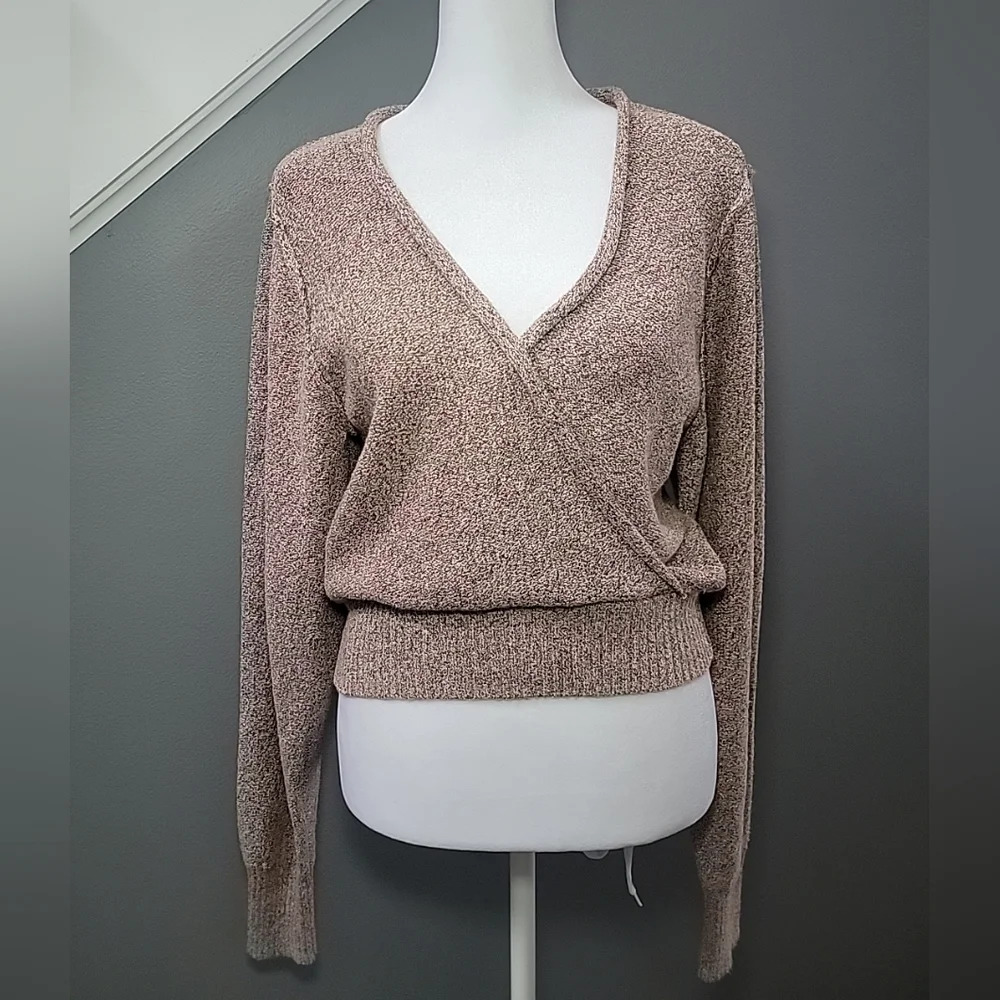 FREE PEOPLE S Going For Gold Wrap Sweater Dusty Rose Pink Knit Metallic V Neck - Picture 2 of 7